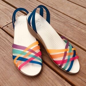 Women’s CROCS Isabella Huarache Sandals Size 8 Jelly WEDGE Strappy Rainbow Color